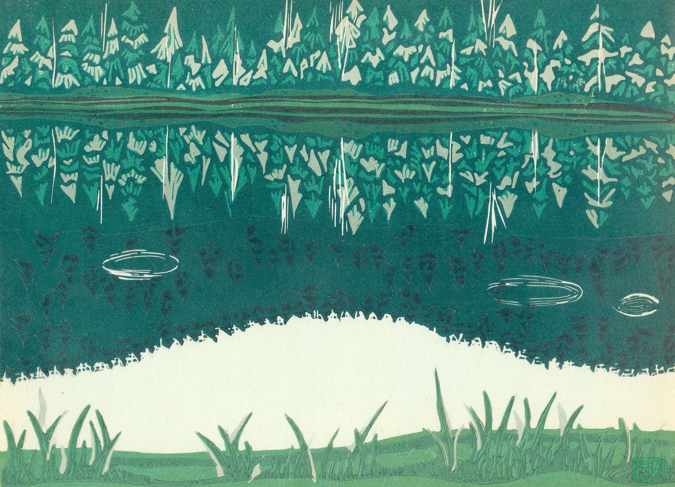 Boundary Lake, BC. Boundary Lake, BC. Hand-carved, limited-edition, original linoleum print by Kate Goetz, Blue Chisel Studio.