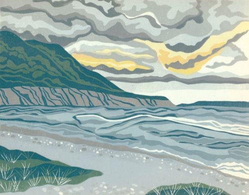 Original Linocut Landscape - Storm Watch at Blow Me Down, Newfoundland