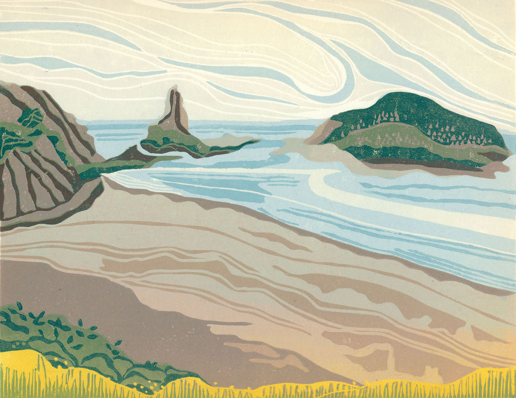 Original Linoleum Print for Sale Original Linocut Landscape - Tidescape, Bay of Fundy, NS