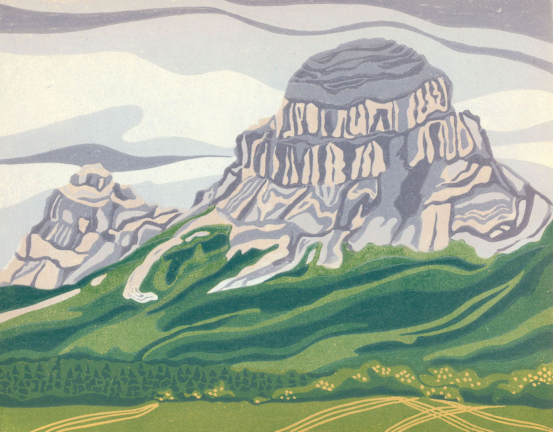 Original Linoleum Print for Sale Original Linocut Landscape - Crowsnest Mt, Alberta