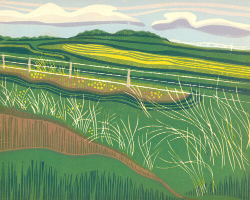 Original Linocut Landscape - Southern Alberta rural landscape