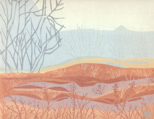 Original Linocut Landscape - Autumn Mists, Kootenays