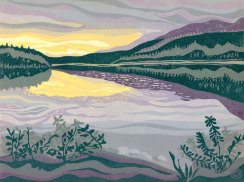 Original Linocut Landscape - Dusk at Box Lake