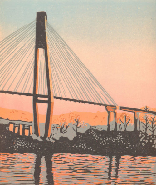 Original Linocut Landscape - Bridge Into Morning
