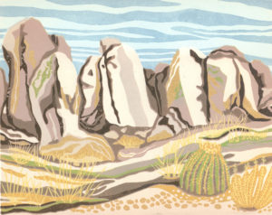 Original Linocut Landscape - Morning Mood, City of Rock, NM