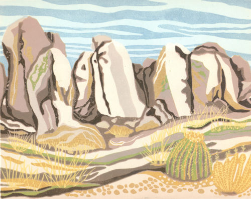 Original Linocut Landscape - Morning Mood, City of Rock, NM