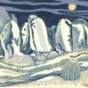 Original Linocut Landscape - Wolf Moon at City of Rocks, NM