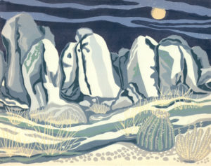 Original Linocut Landscape - Wolf Moon at City of Rocks, NM