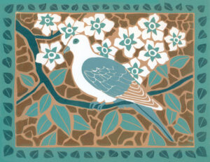 In a Hidden Bower. Hand-carved original linoleum print by Kate Goetz; folk/boho dove; Canadian artist; framed view