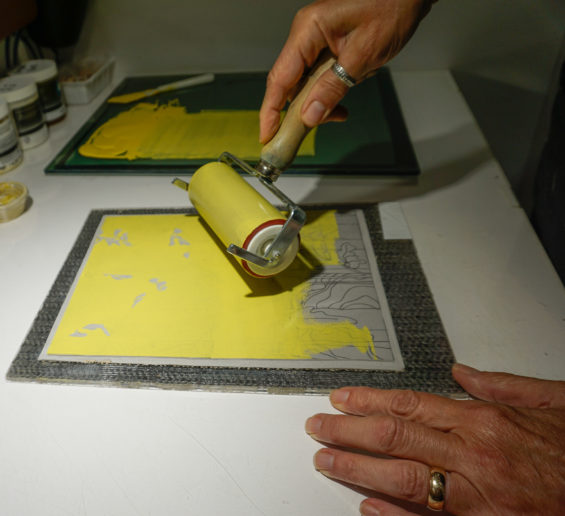 Linocut Tutorial, Inking the matrix - Blue Chisel Studio