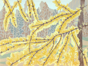Original Linoleum Landscape - In the Gold of the Larches