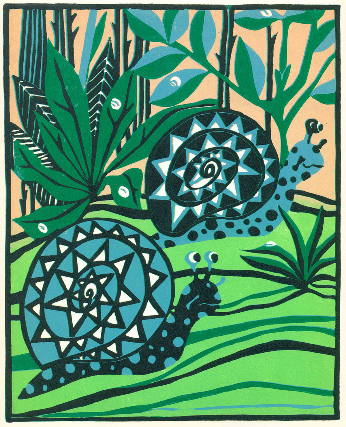 Original Linoleum Print for Sale Original Fine Art Print for Kids - Two Little Snails