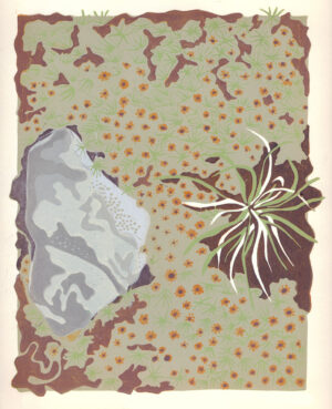 Watch Where You Tread. Hand-carved, limited-edition, original linoleum print by Kate Goetz, Blue Chisel Studio.