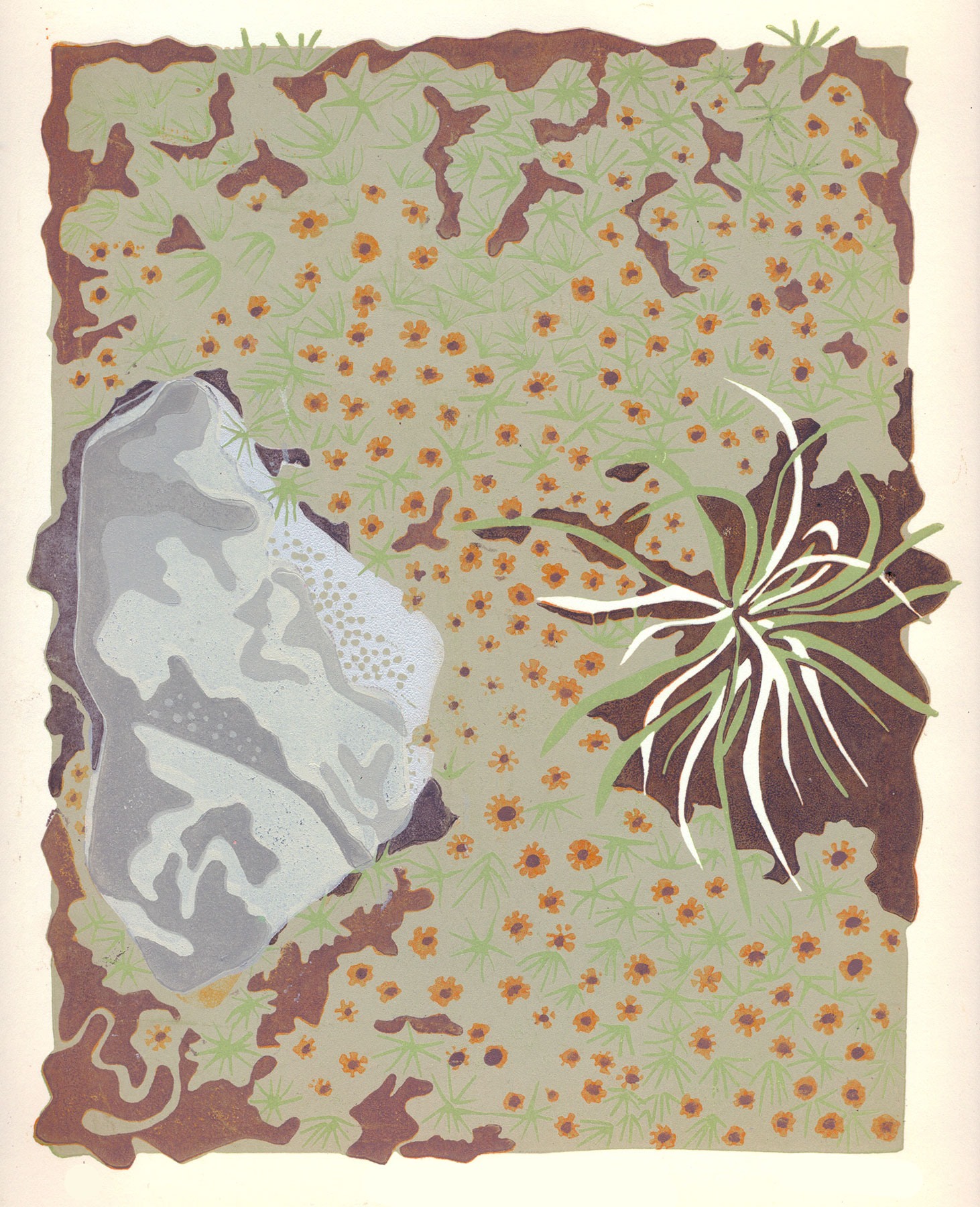 Watch Where You Tread Watch Where You Tread. Hand-carved, limited-edition, original linoleum print by Kate Goetz, Blue Chisel Studio.