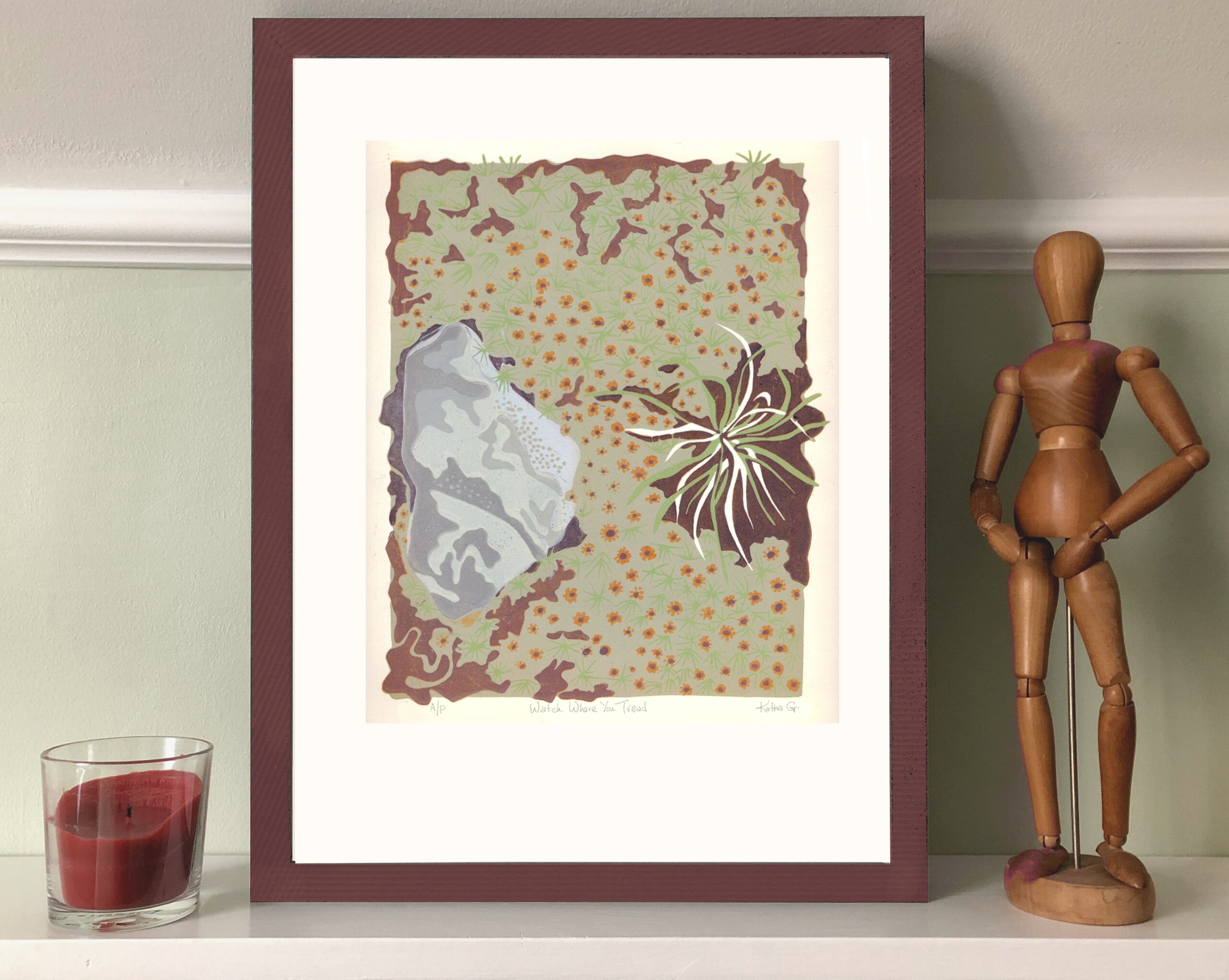 Watch Where You Tread Watch Where You Tread. Hand-carved, limited-edition, original linoleum print by Kate Goetz, Blue Chisel Studio.